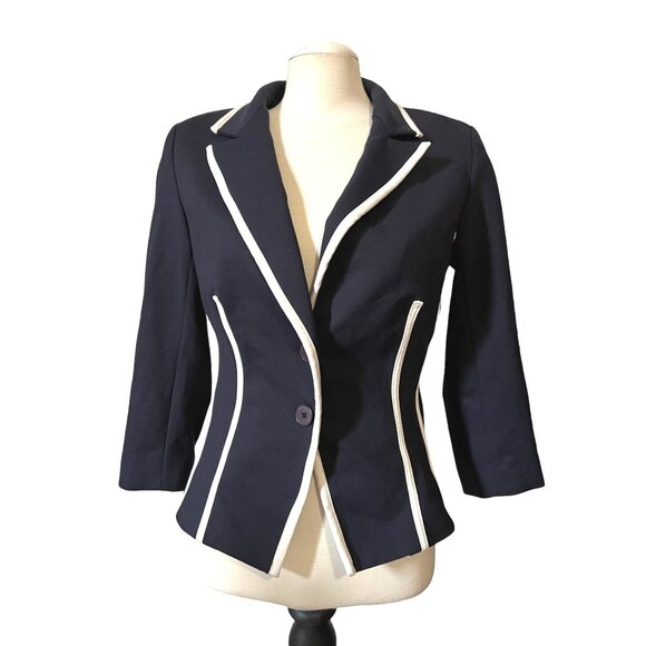 New York & Company Stretch Vintage Navy Blue Piped Collared Blazer Sz Medium Wom - Picture 1 of 7